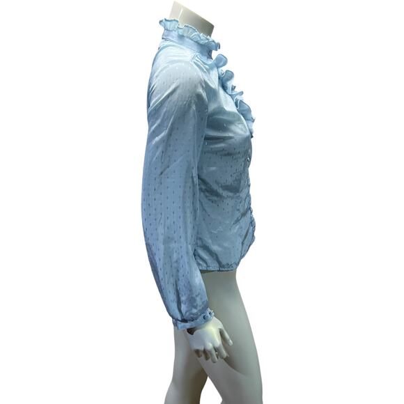 Vintage 80s Jo Matthews Blue Ruffle Victorian Style Button Down Blouse M - Picture 4 of 12